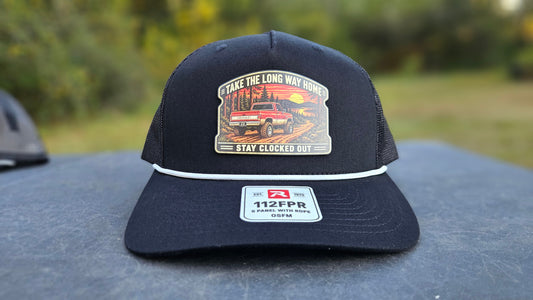 Stay Clocked Out Take the Long Way Home Hat, black with white rope