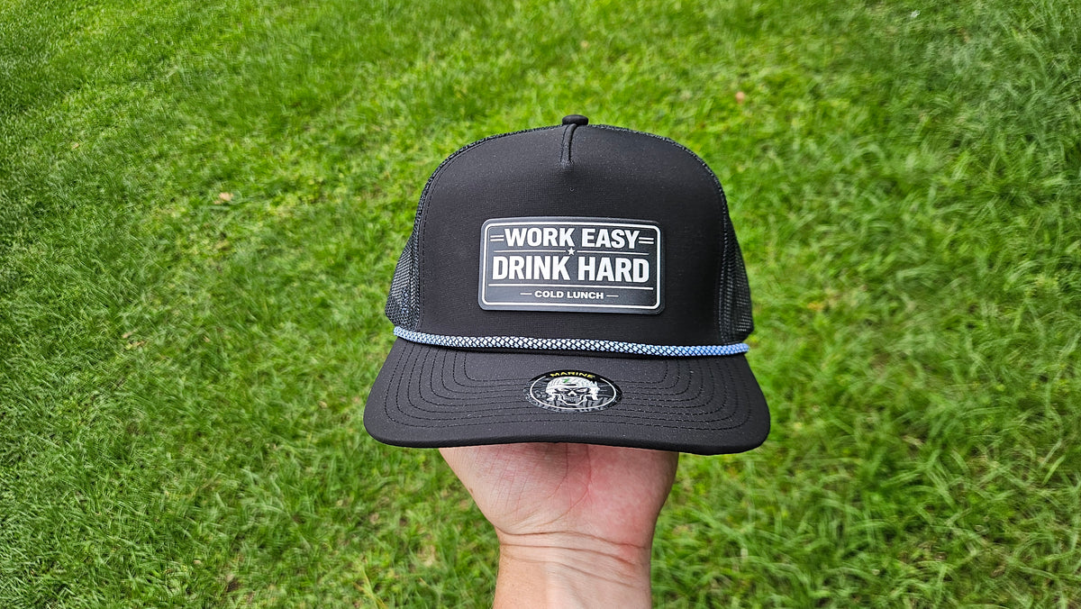 Work Easy Drink Hard Hat - Black / White Rope