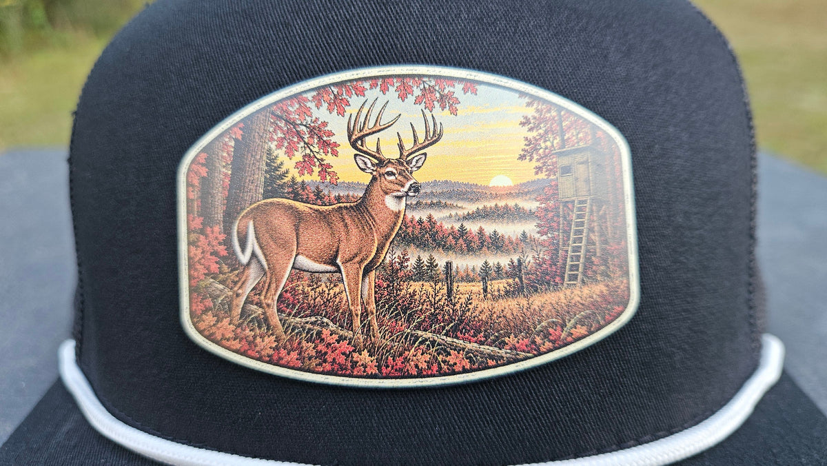 Stay Clocked Out Deer Hat, black with white rope, patch detail