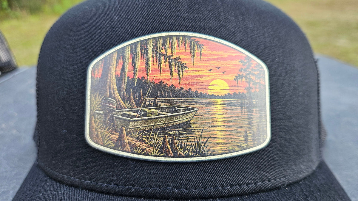 Stay Clocked Out Fishing Hat, black without rope, patch detail