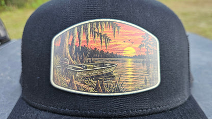 Stay Clocked Out Fishing Hat, black without rope, patch detail