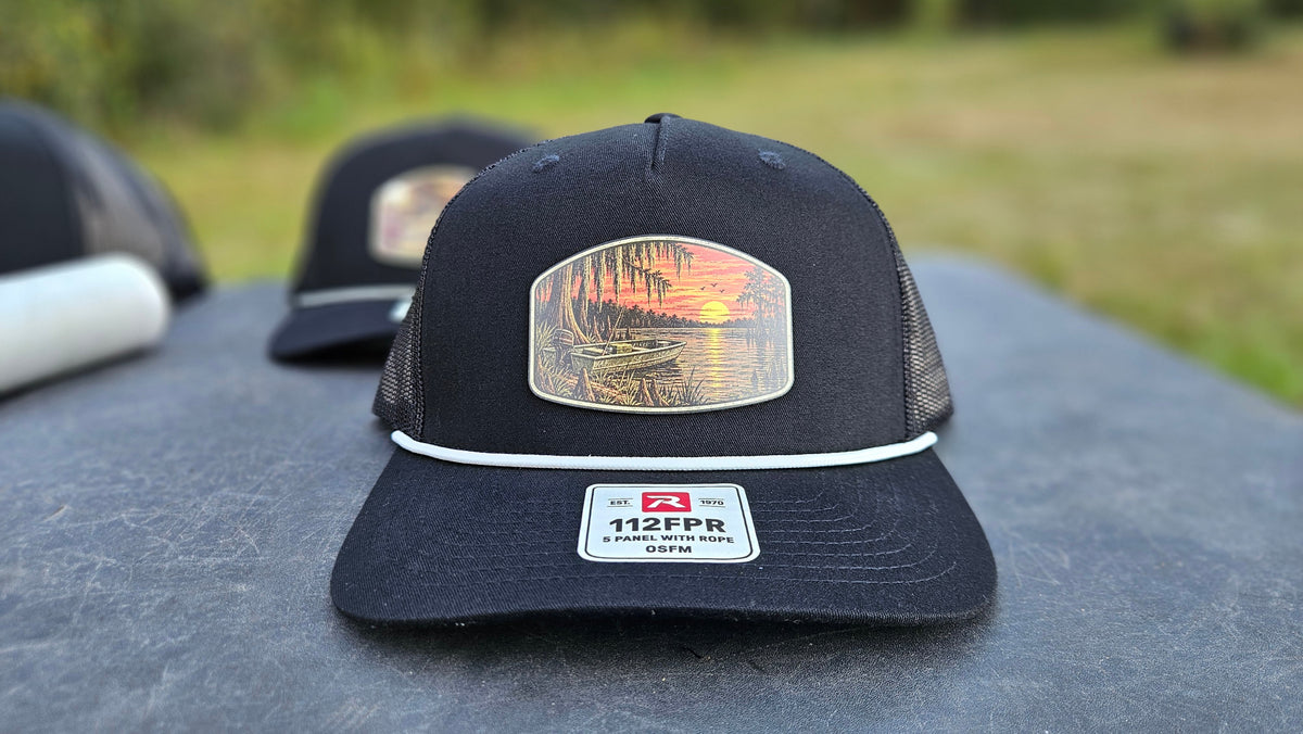 Stay Clocked Out Fishing Hat, black with white rope