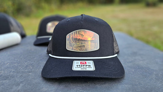 Stay Clocked Out Fishing Hat, black with white rope