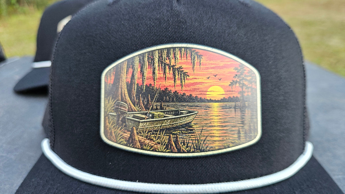 Stay Clocked Out Fishing Hat, black with white rope, patch detail