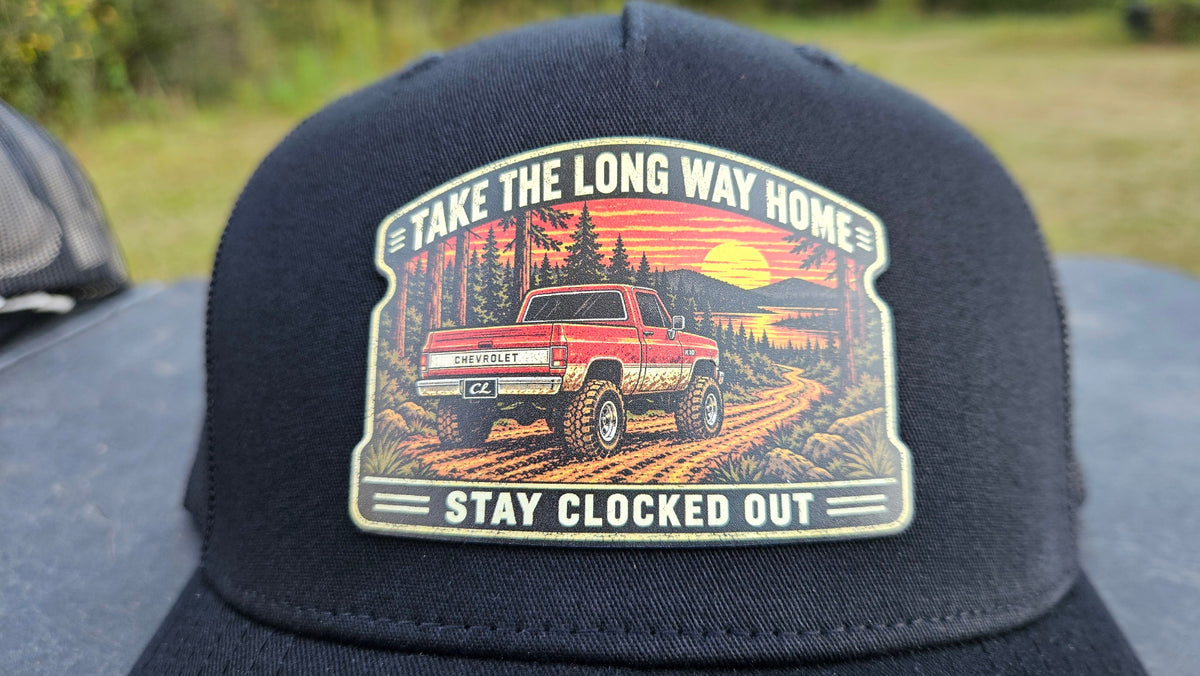 Stay Clocked Out Take the Long Way Home Hat, black without rope, patch detail