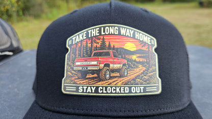 Stay Clocked Out Take the Long Way Home Hat, black without rope, patch detail