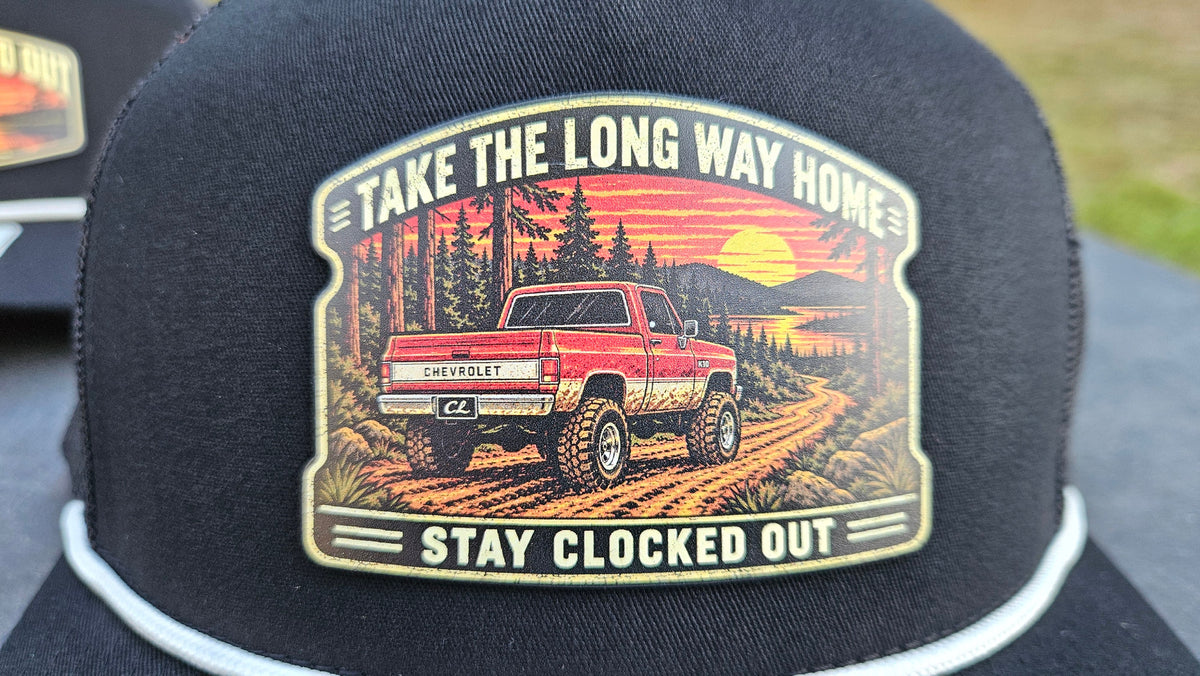 Stay Clocked Out Take the Long Way Home Hat, black with white rope, patch detail
