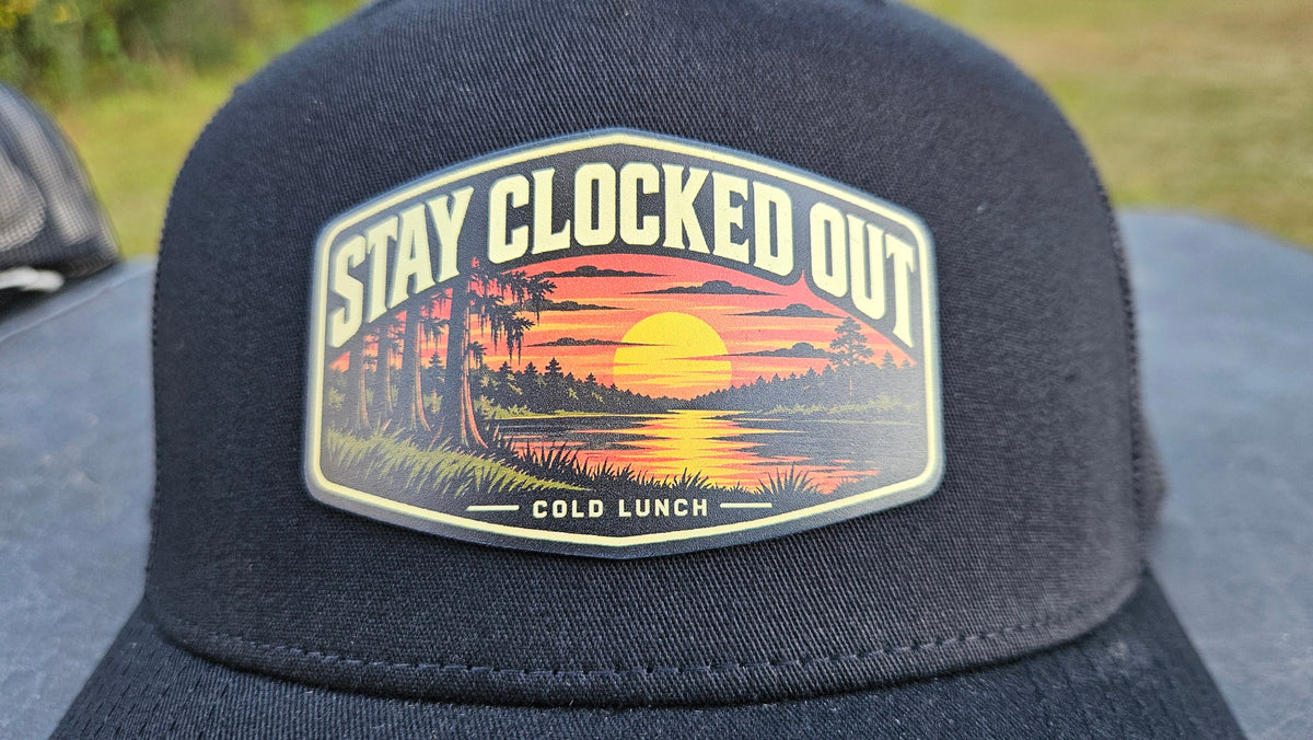Stay Clocked Out Sunset Hat, black without rope, patch detail