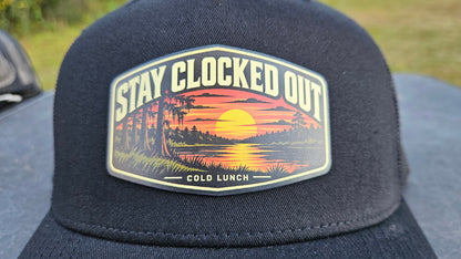 Stay Clocked Out Sunset Hat, black without rope, patch detail