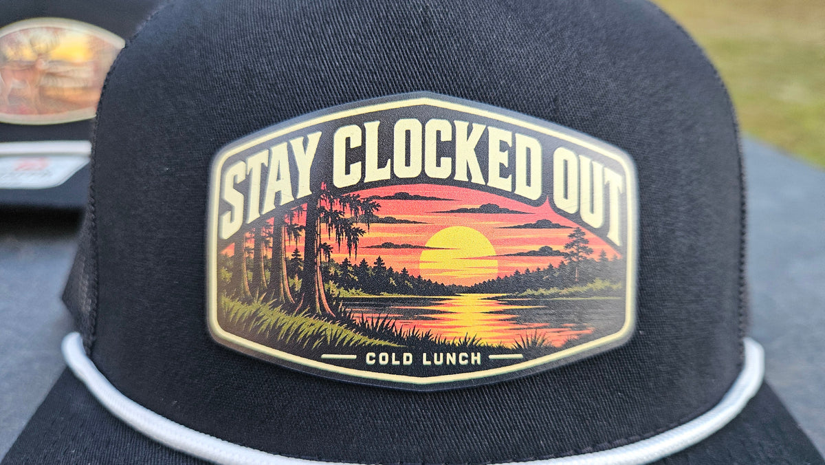 Stay Clocked Out Sunset Hat, black with white rope, patch detail