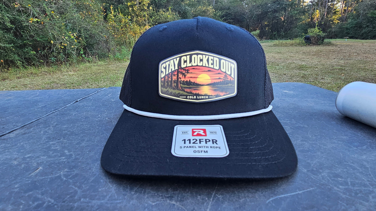 Stay Clocked Out Sunset Hat, black with white rope